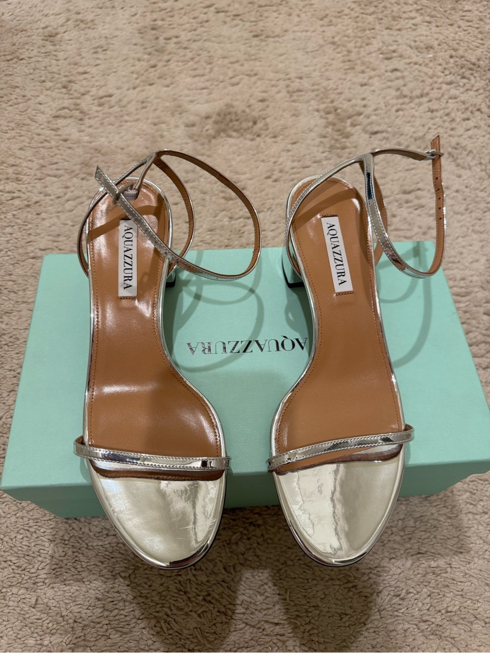 Aquazzura Silver Metallic Ankle-Strap Block Heel Sandals